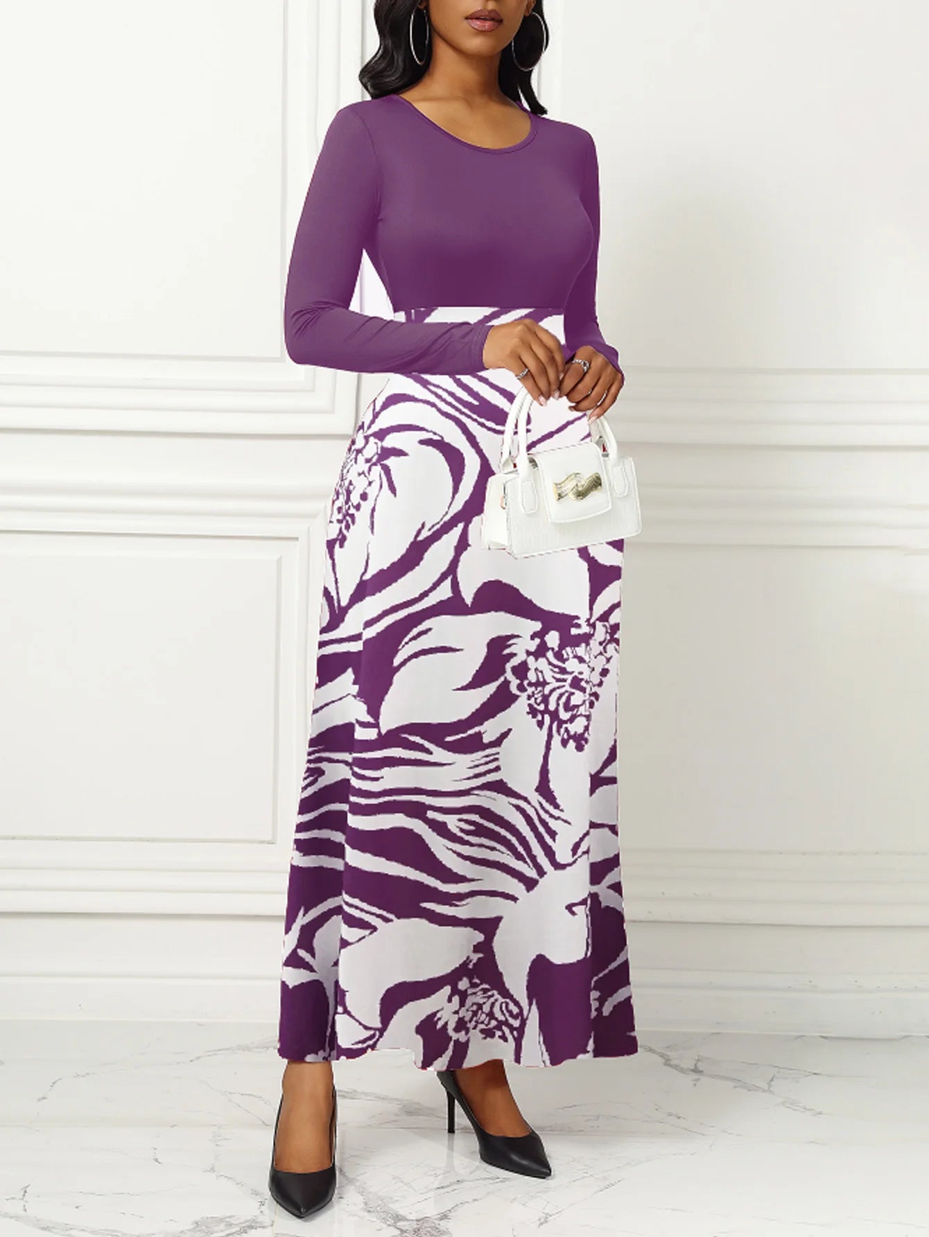 Printed Long Sleeve A-Line Maxi Dress – Elegant Purple 2026