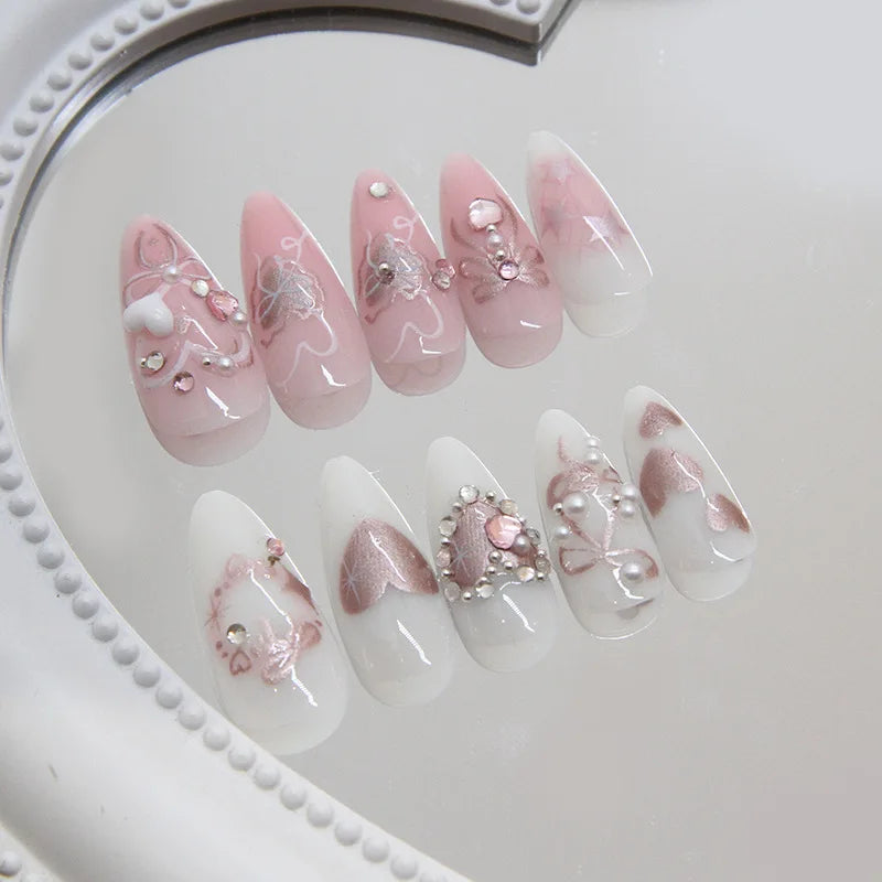 Sweet Pink Almond Press-On Nails with Bow & Heart – 24PCS