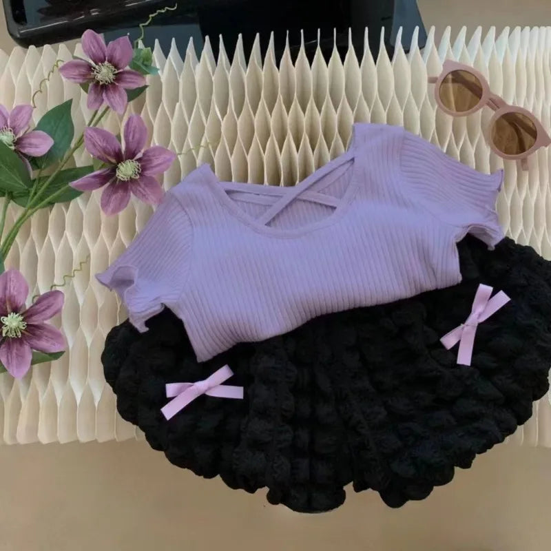 2-8Y Girls' Summer Set 2025 New Baby Girl Shirt+Shorts Korean Fashionable Short Sleeve Kids Flower Pumpkin Pants Two Piece Set