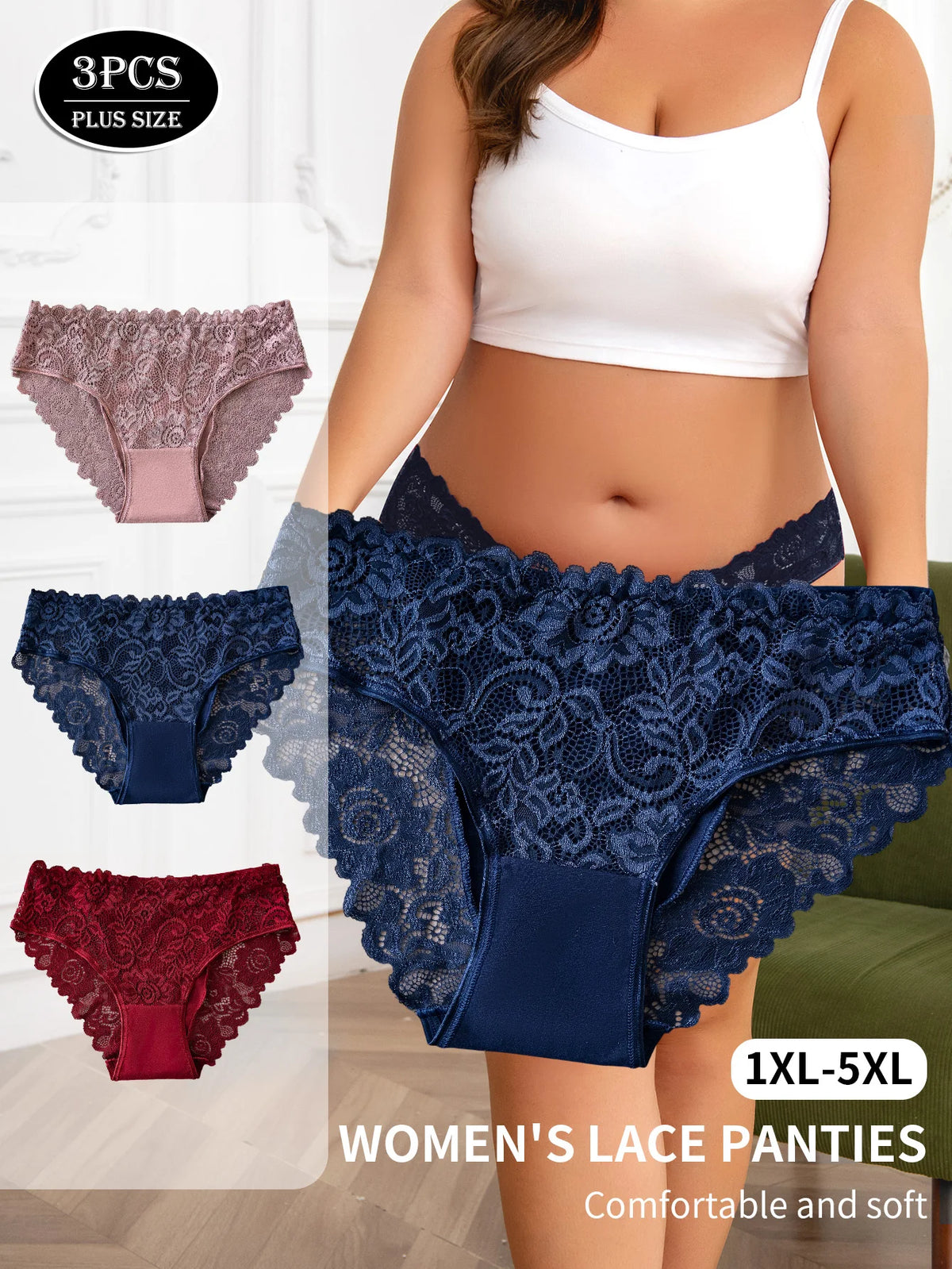 3PCS Women's Plus-Size Underwear Elegant Floral Embroidery Lace Trimmed Panties Sexy Hollow Out Briefs High Quality Lingerie