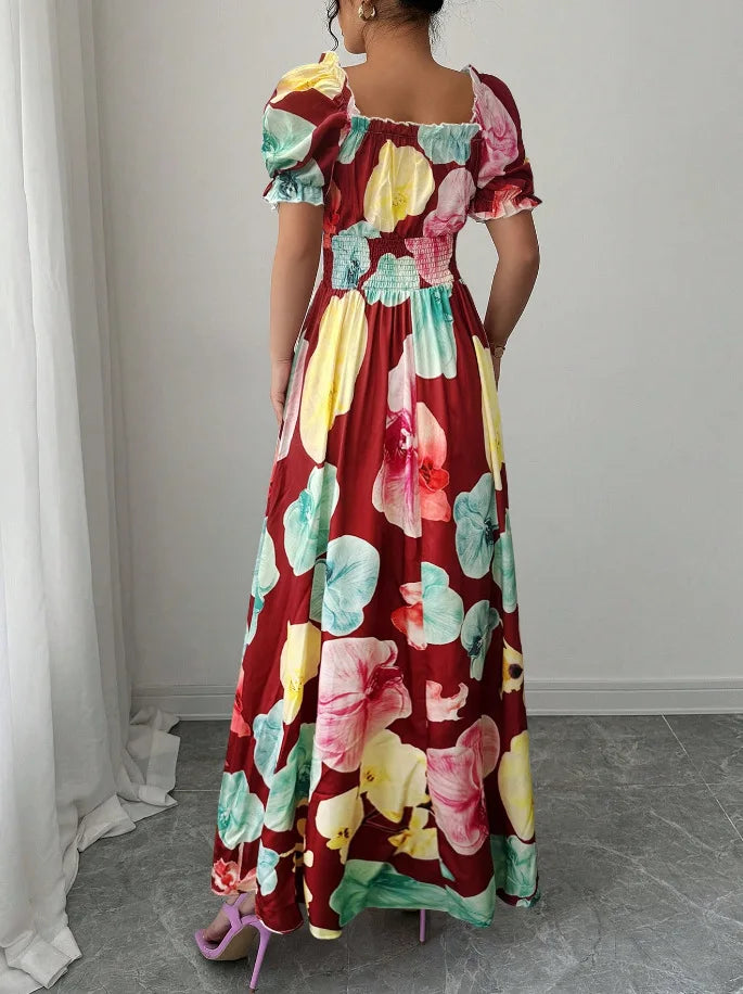 BKLD Women Clothing Summer Floral Print Dress Short Sleeve Square Collar Beach Holiday Outfits Waist Ruched Long Dresses Party