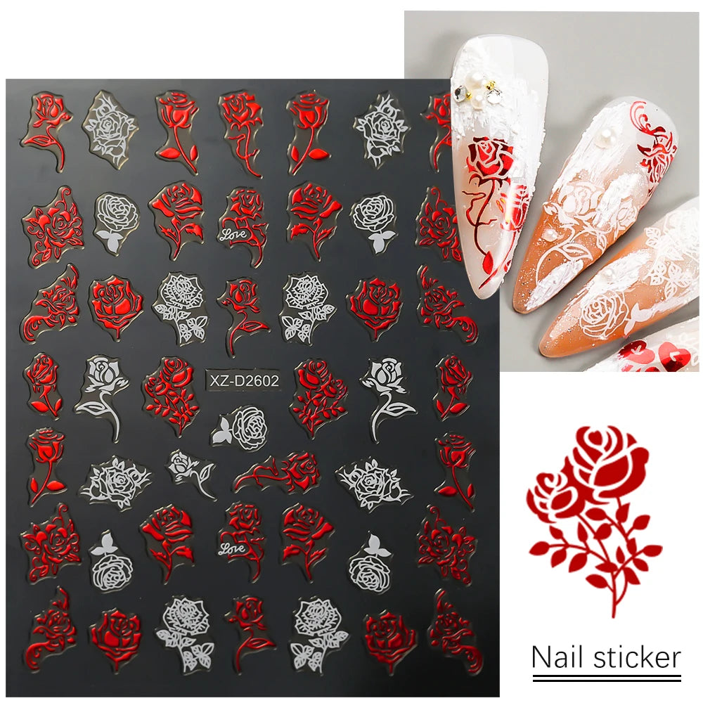 1Pc 3D Red Love Heart Nail Art Stickers Rose Flower Lip Self Adhesive Decals Valentine' Day Nail Sliders For Manicure Decoration