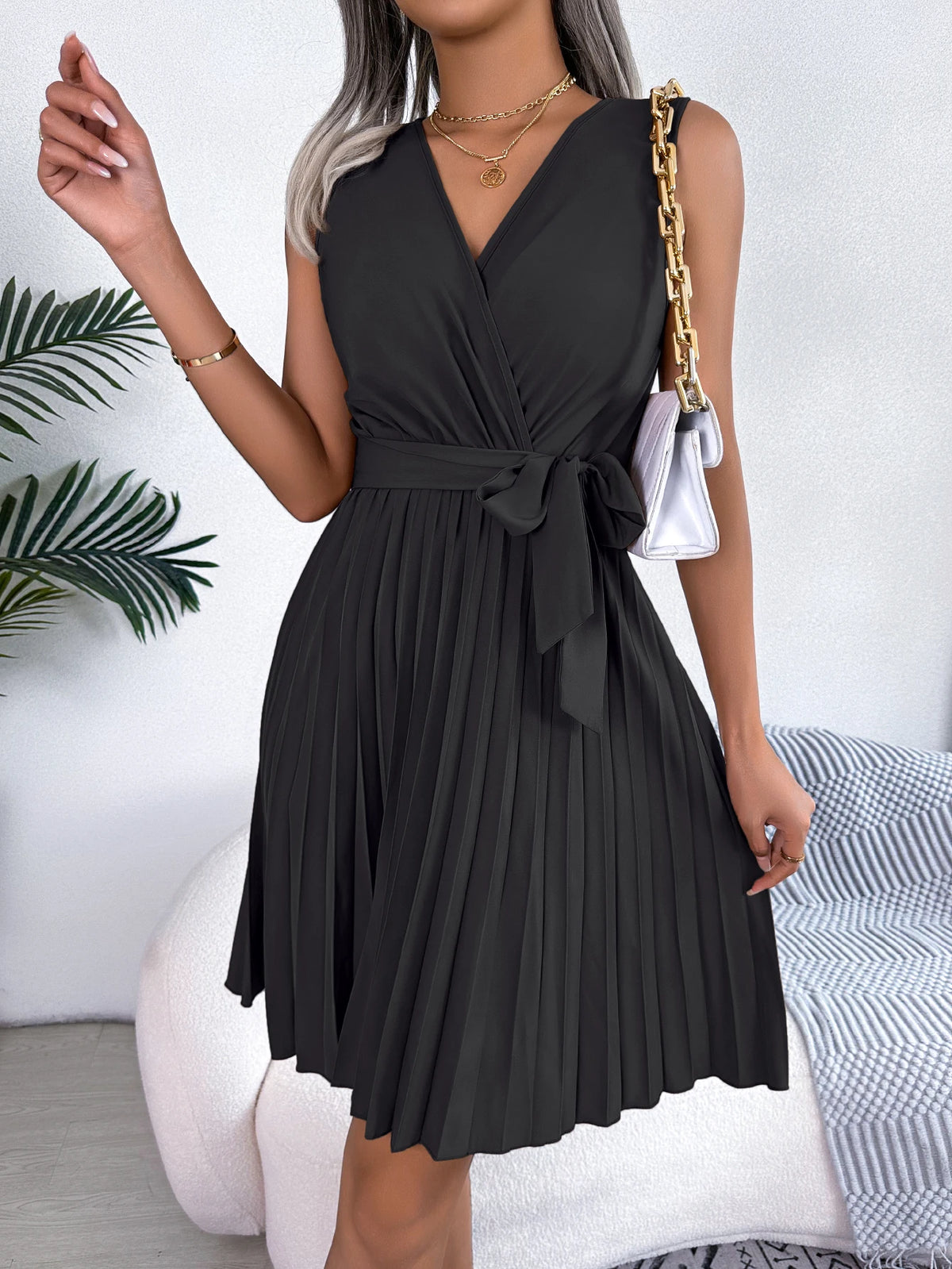 Women Summer Casual V Neck Sleeveless Pleated Knee Length Dress Black Blue Brown Elegant Lace Up Woman Dresses