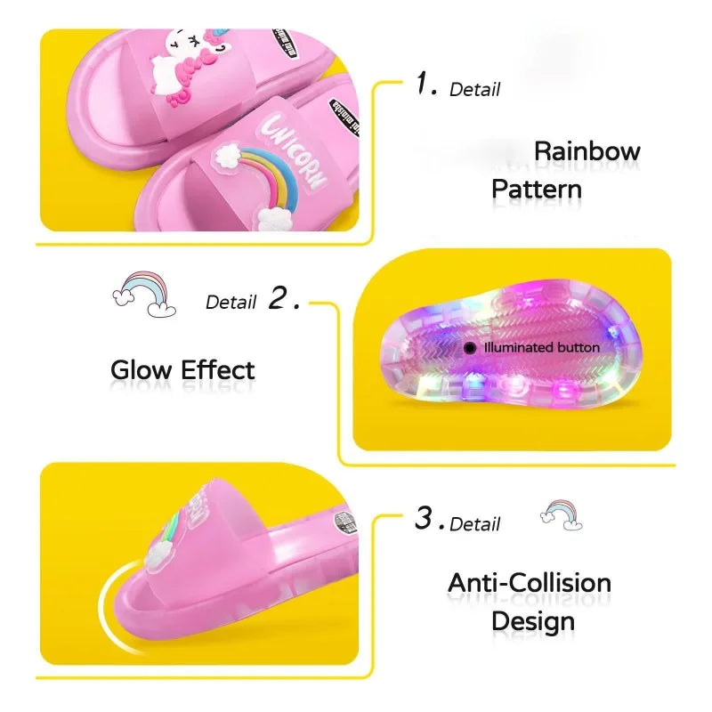 Kids Cartoon Unicorn Light-Up Slippers – Cute Animal Print Bathroom Shoes | شباشب أطفال برسومات يونيكورن وحيوانات – تضيء عند المشي، تصميم لطيف للحمام