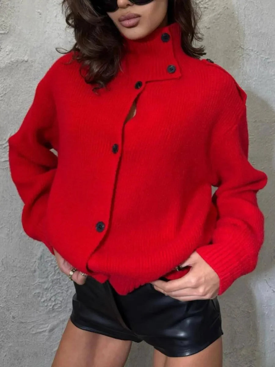 Casual Solid Knitted Cardigan For Women Long Sleeve Button Turtleneck Loose Warm Soft Sweaters Fashion Autumn Winter Outerwear