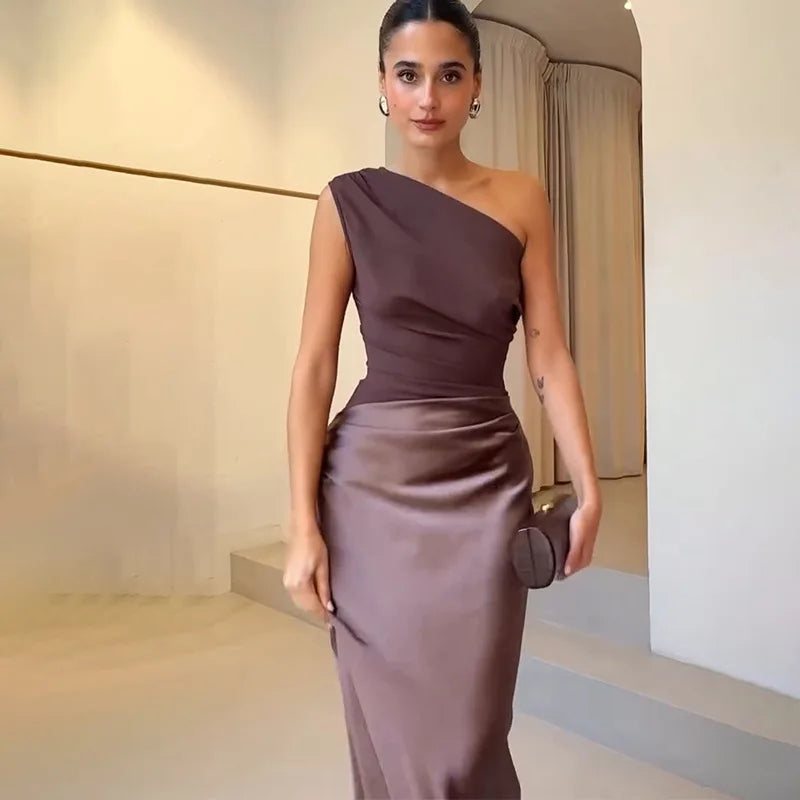 Elegant One-Shoulder Patchwork Satin Party Dress for Women Irregular Neck Slim Sleeveless Dresses Female Evening Gowns Clubwear