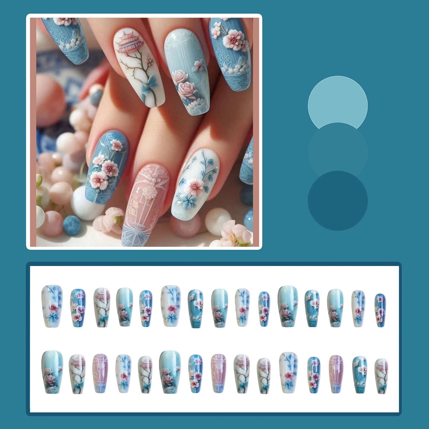 Medium long fake nails Blue pink flowers leaf for Spring summer ballet shape full cover reusable ABS Press-On Artificial Nails