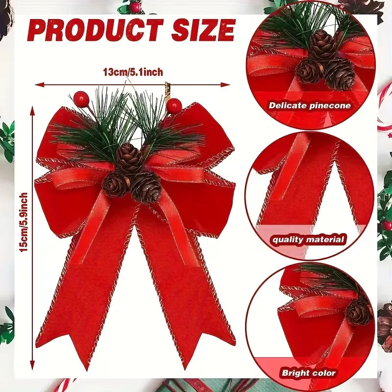 ChristmasBows Buffalo Plaid Checkered Ribbon Bow with Pine Cone Christmas Tree Decoration for Xmas Parties Trees Indoor Crafts