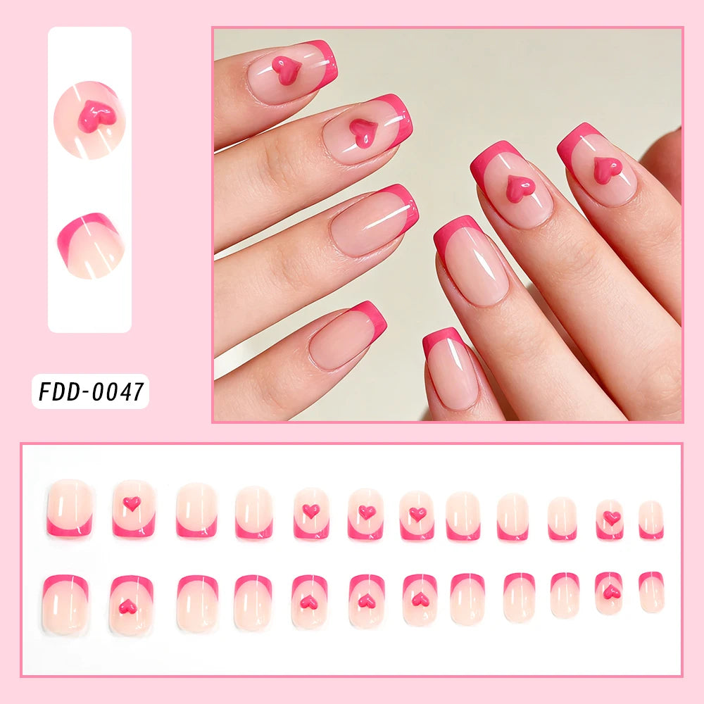 24Pcs Green Short Square French False Nails 3D Heart Rose Flower Charm Full Cover Fake Nail for Women Wearable Press on Nails