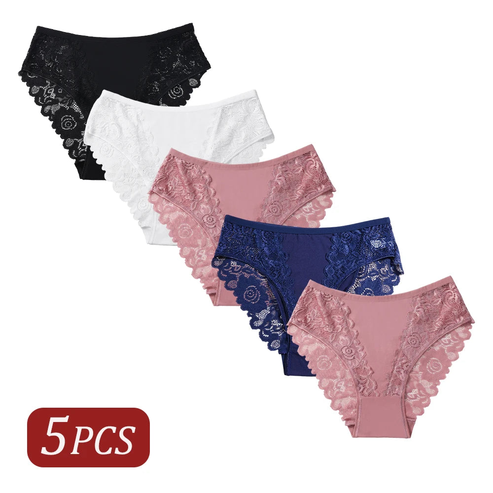 5PCS Women's Underwear Elegant Lace Floral Embroidery Sexy Panties Solid Color Mid Waist Briefs Breathable Female Lingerie