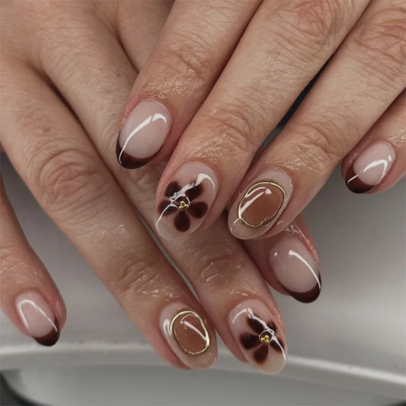 24Pcs Autumn Winter Matte Almond False Nails with Glue Rose Leaf Printing Nail Art Simple Full Cover Press on Acrylic Nails Tips