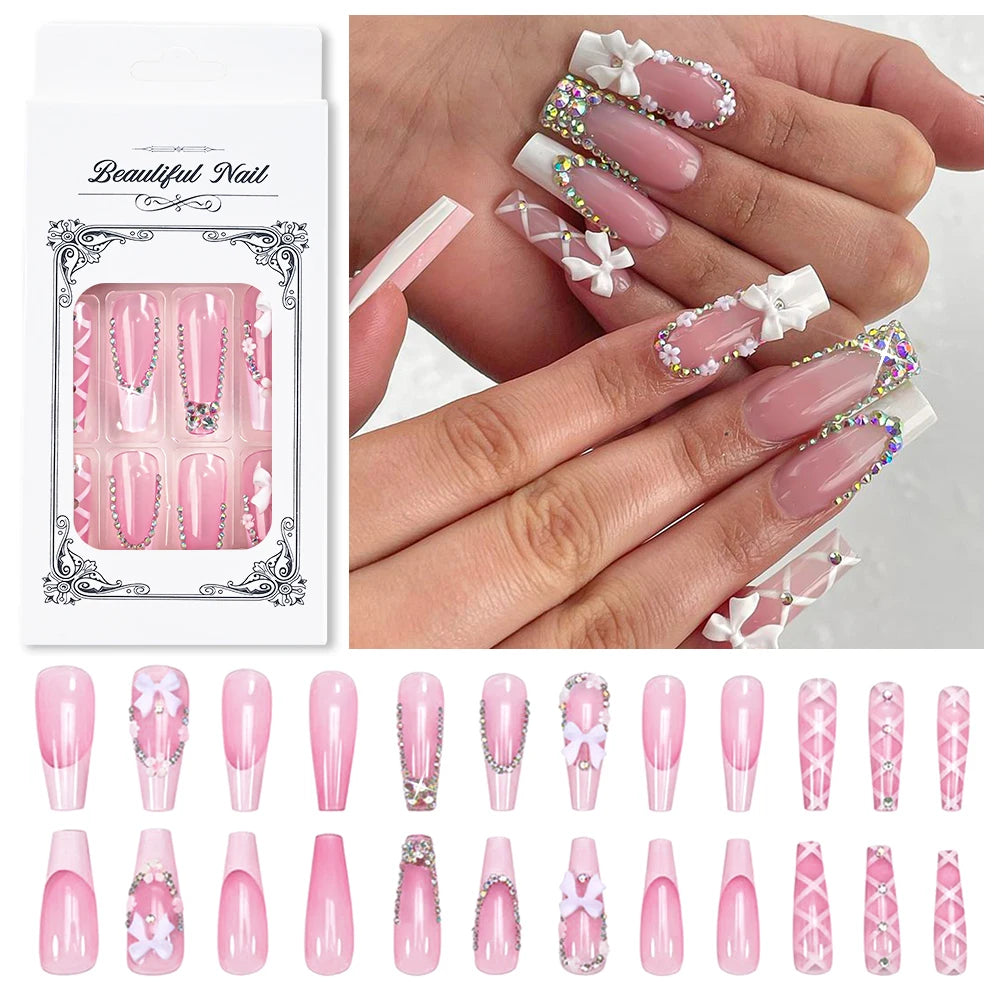 24Pcs Long Coffin French Fake Nails Acrylic Full Cover Square Head False Nails Bow Rhinestone Design Wearable Press on Nails