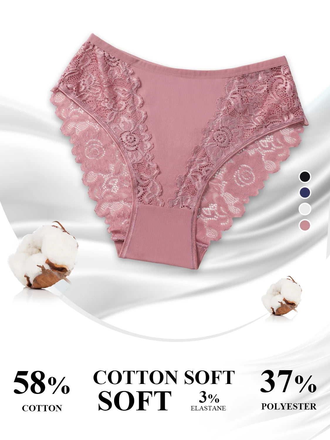 5PCS Women's Underwear Elegant Lace Floral Embroidery Sexy Panties Solid Color Mid Waist Briefs Breathable Female Lingerie