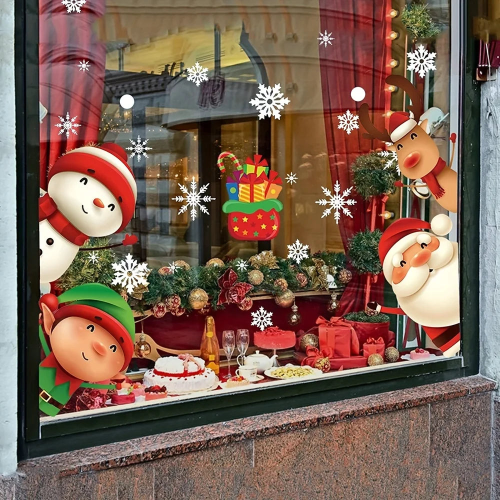 1 Set Christmas Window Clings Stickers - Santa, Reindeer, Snowman & Snowflake Designs,Indoor/Outdoor Use, Festive Decoration