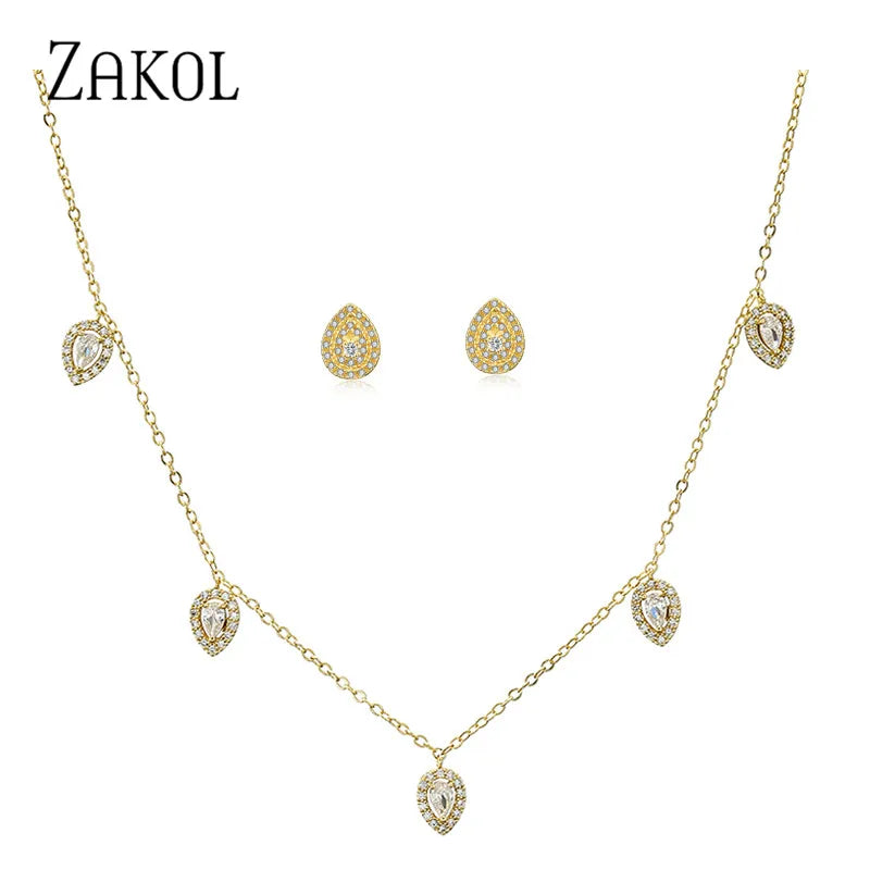 ZAKOL Water Drop Cubic Zirconia Pendant Choker Jewelry Sets for Women Girl Ins Trendy Gold Color Stud Earring Necklace Set Gift