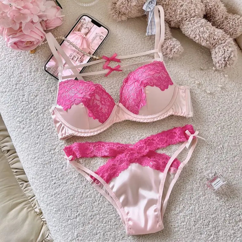 MOYISU Sweet Trap French Bow Bra Set - Wireless Push-Up for Petite Chest, Pure Seduction Lace Bralette with Elegant Ribbon Charm