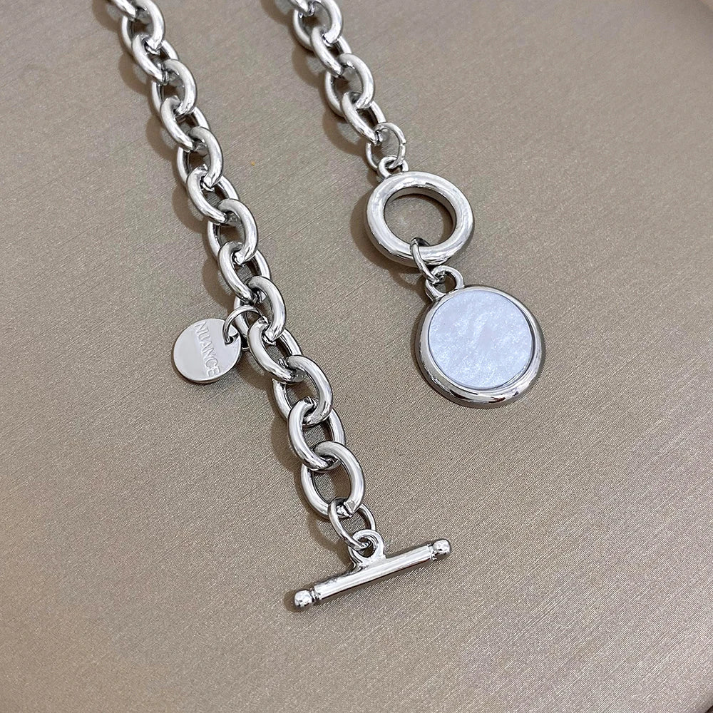 Flashbuy Trendy White Round Pendant Necklace for Women Girls Statement Silver Color Thick Chain Necklace Fashion Jewelry