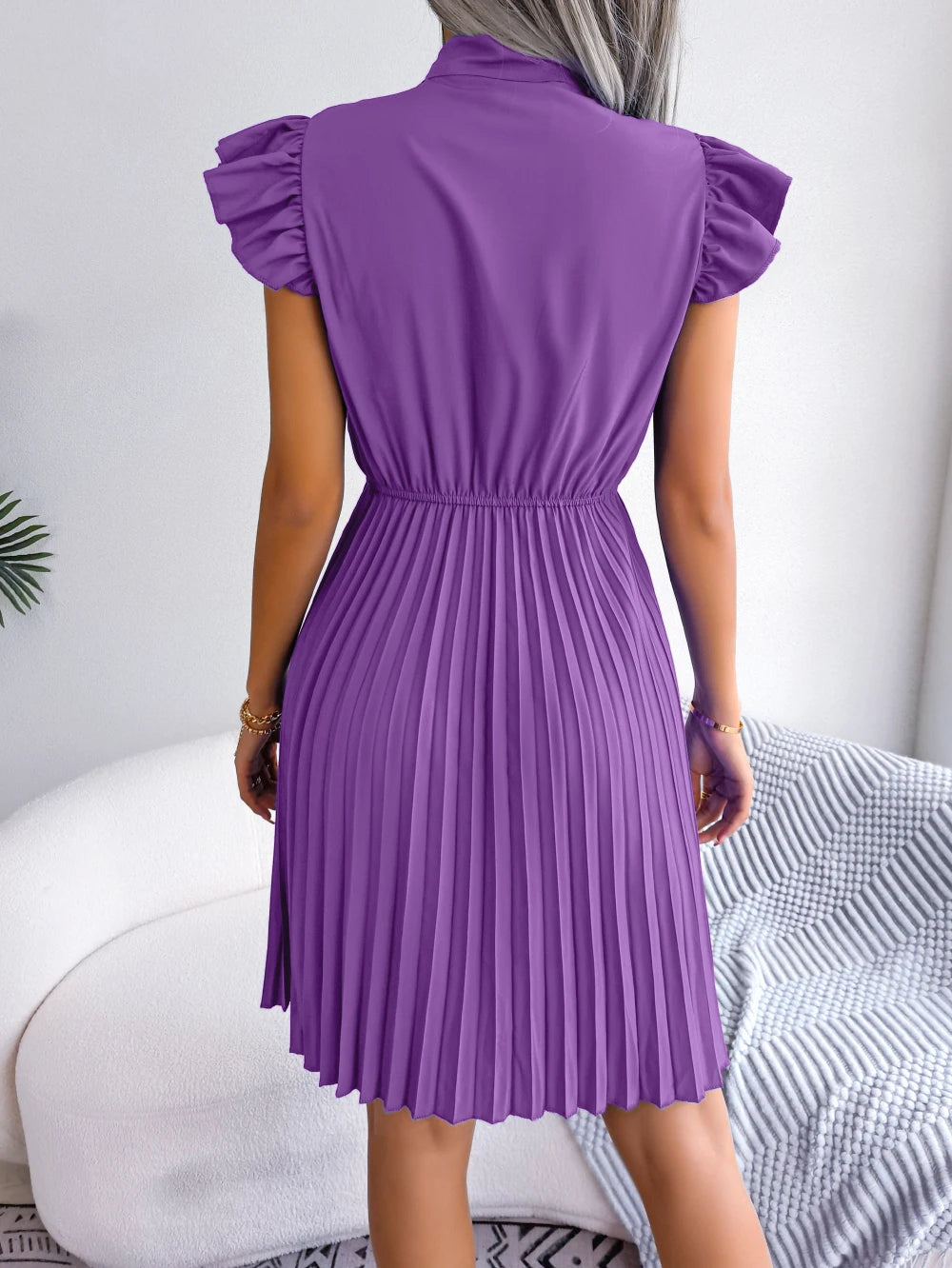 Elegant Bow Tie Pleated Dress 2026 Women Summer Solid Color Ruffles Short Sleeve Mini Dress Green Red Black Blue Woman Clothing