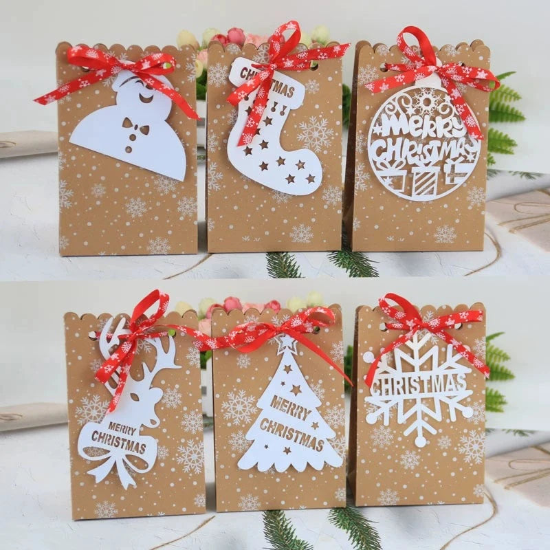 24pcs Christmas Paper Gift Bags with Banderole Candy Cookies Packaging Boxes Santa Claus Xmas Tree Home Party Decoration