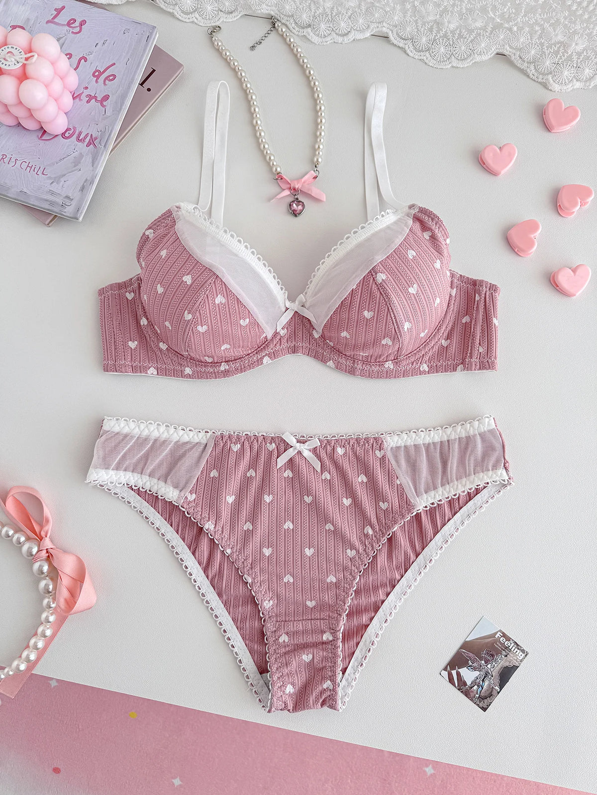 Pink Heart Print Women Lingerie Set Lace Mesh Underwire Unlined Bra Soft Comfort Daily Intimates Panties