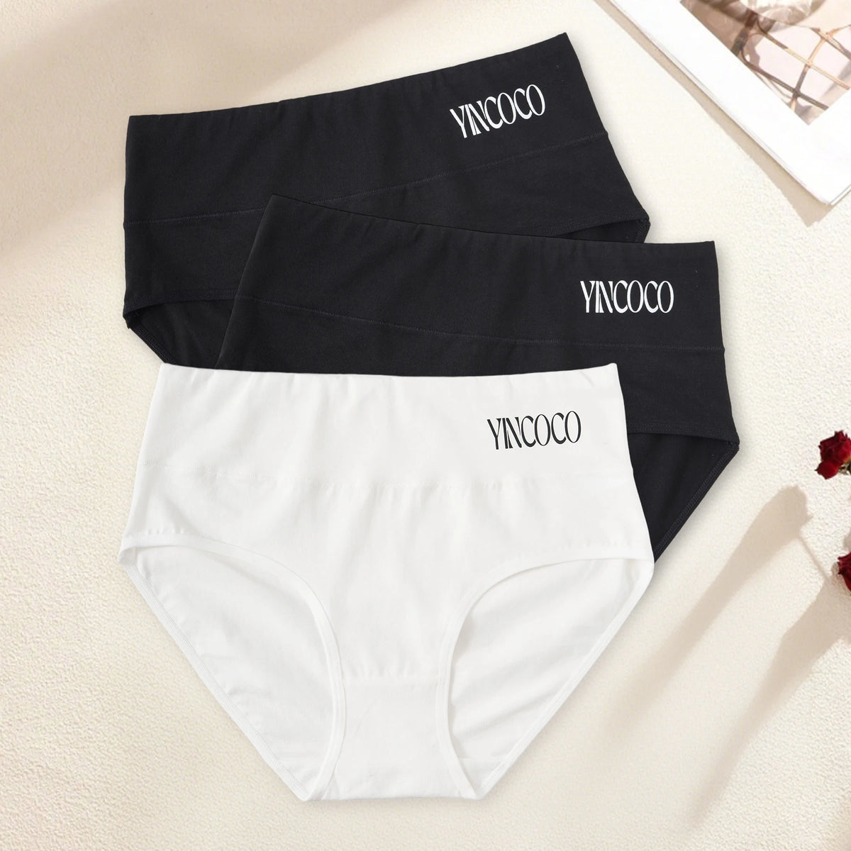 3PCS Soft Breathable Cotton Women's Briefs High Rise Letter Logo Panties Skin-Friendly Daily Ladies Underwear Black White Set