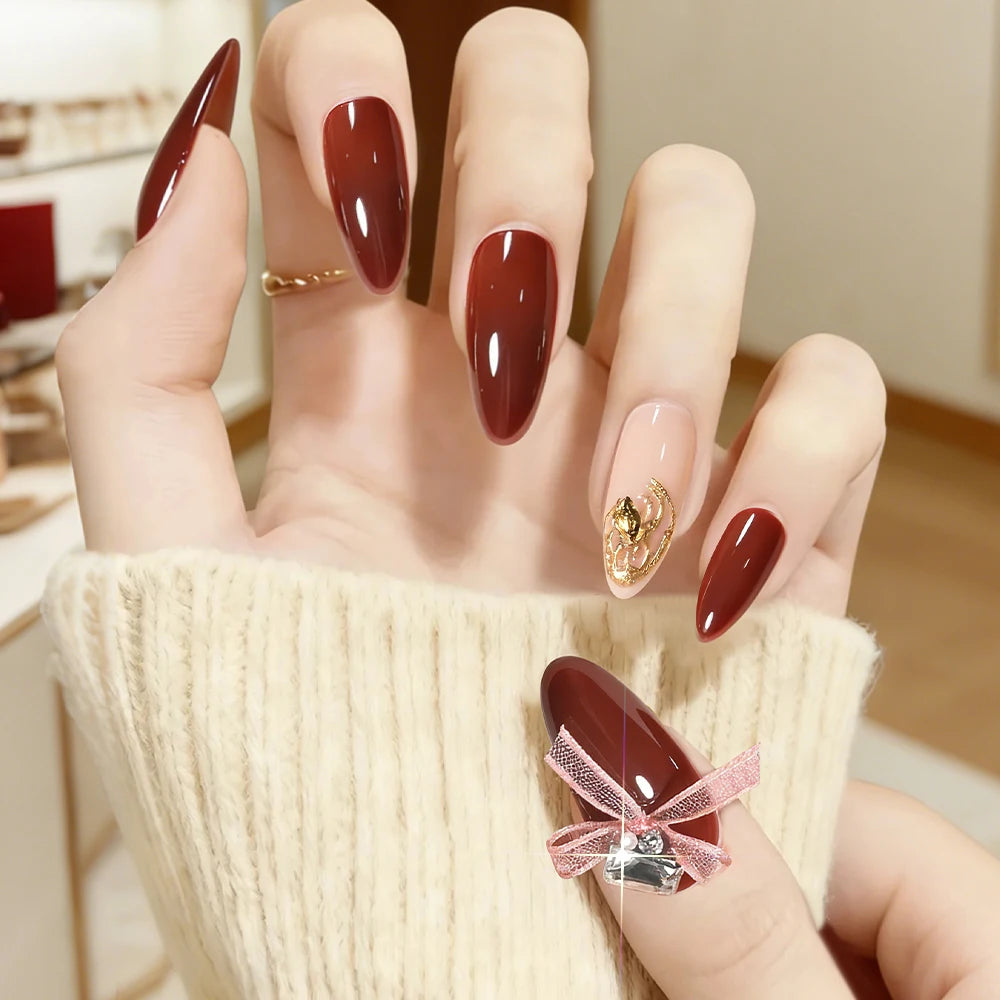 24Pcs Lace Bow Wearable Press on Nails with Diamond Design Red Medium Almond False Nails for Women Full Cover Fake Nail Tips