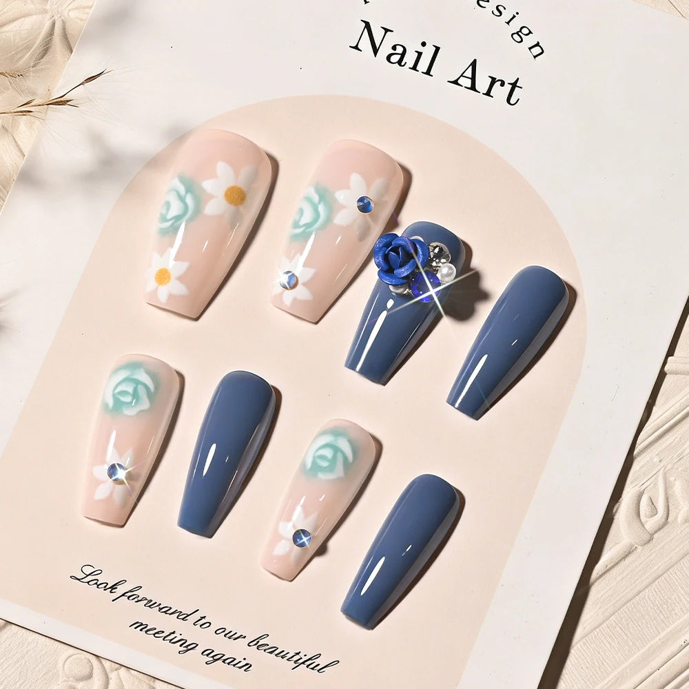 24Pcs Mid-length Ballet Fake Nails Blue Flower Design Wearable Press on Nails Women Floral Medium Square Full Cover False Nails