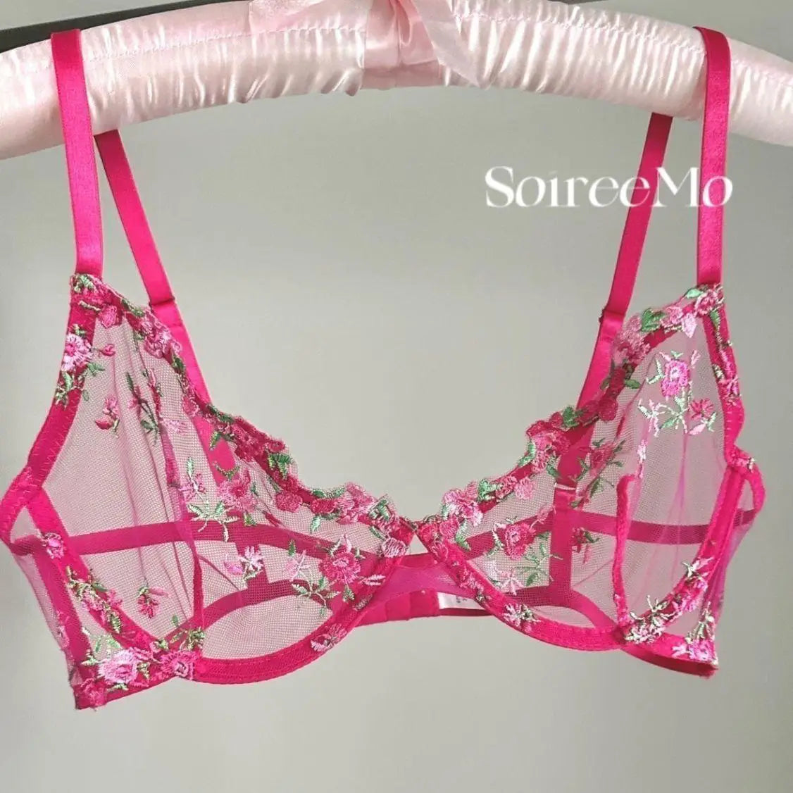 French Sheer Floral Sensual Lingerie Set Ultra Thin See Through Bralette with Soft Or Women Large Bust Support S-XL 32-38 MOYISU