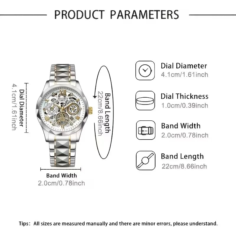 Fashion Skeleton Dial Men Business Watches Luxury Stainless Steel Calendar Quartz Wristwatch Relogio Masculino (Without Box）