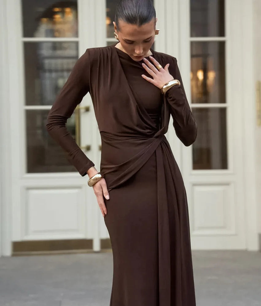 BKLD Fashion Autumn French Long Dresses Women Clothing Elegant High Waist Ruched Slimming Evening Dress Long Sleeve Solid Color