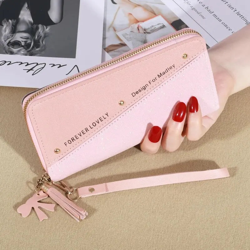 KISMIS New Long Women's Zipper Wallet - Korean Splicing, Color Contrast, Tassel, and Rivet Details