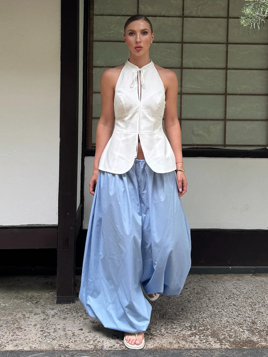 Y2k Fashion Pocket Bloomers Female Trousers Wide Leg Women Pants Pleated Loose High Waist Patchwork Bandage Streetwear