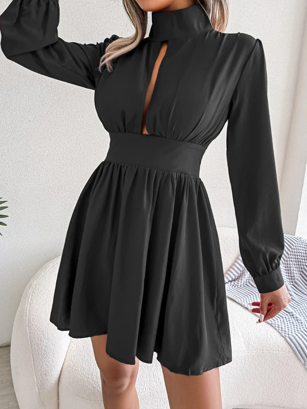 Spring Autumn Casual Solid Hollow Out Long Sleeve A Line Dress for Women Elegant Mini Dresses Red Black White Woman Clothing