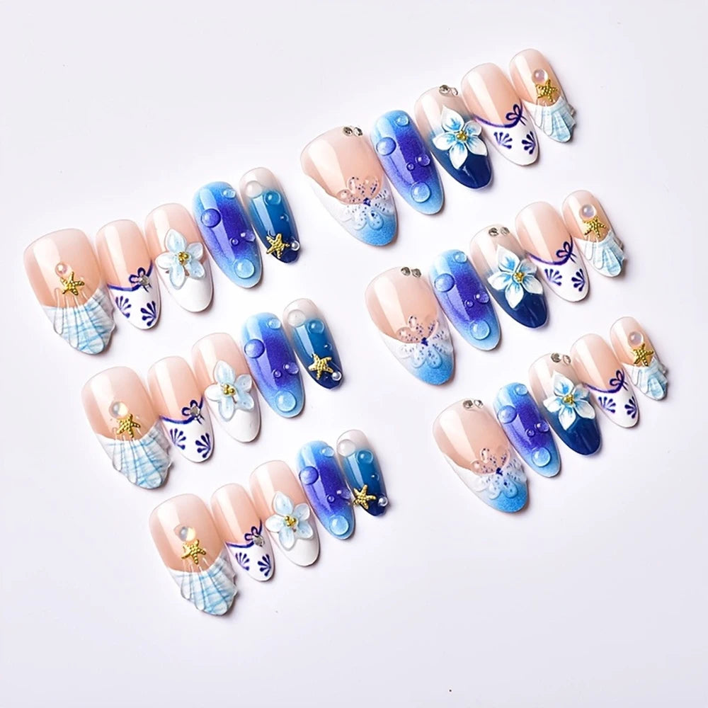 30pcs Epoxy Seashell Orchid Water Droplets False Nails Blue And White Porcelain Press On Nails Long Almond Starfish Fake Nails