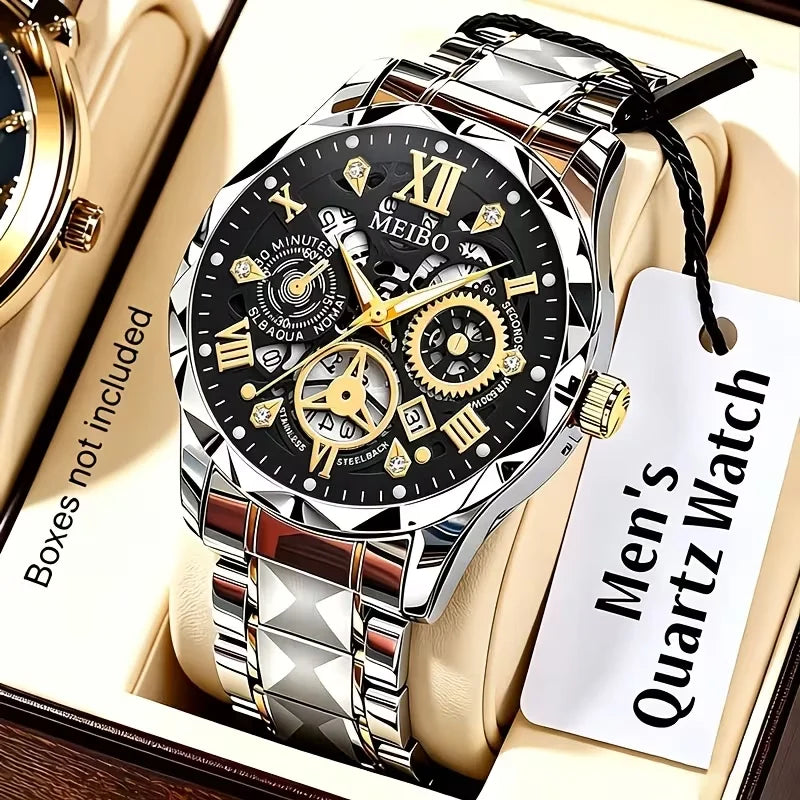 Fashion Skeleton Dial Men Business Watches Luxury Stainless Steel Calendar Quartz Wristwatch Relogio Masculino (Without Box）