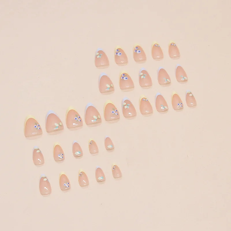 24pcs Short Oval French Fake Nails Flower Designs Press on Nails Almond Detachable Glossy Fake Nails Tips Full Cover Nail Tips