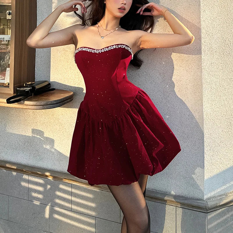 BKLD 2026 Winter New Women Clothing Elegant Fashion Strapless Sequin Diamonds Patchwork A-Line Puffy Dress Party Clubwear