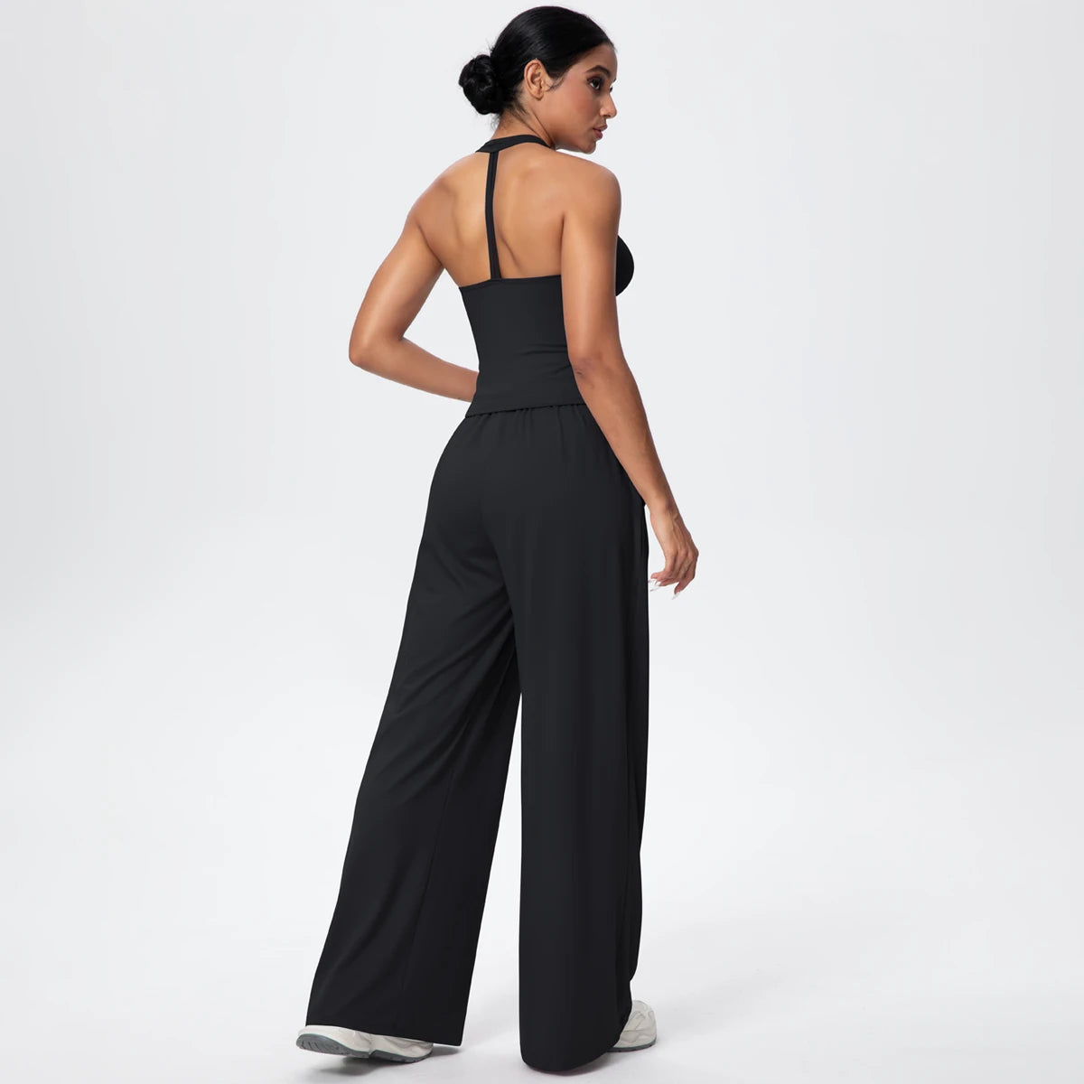 Breathable Loose Wide Leg Pants and Yoga Vest Set Solid Color High Stretch Pockets Pants Beautiful Back T-shaped Vest Yoga Suit