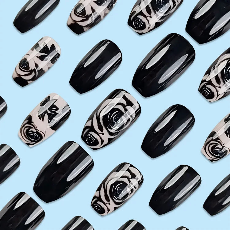 24Pcs Solid Black Short False Nails with Rose Pattern Design Ballerina Square Artificial Full Cover Press on Nail Tips for Girls