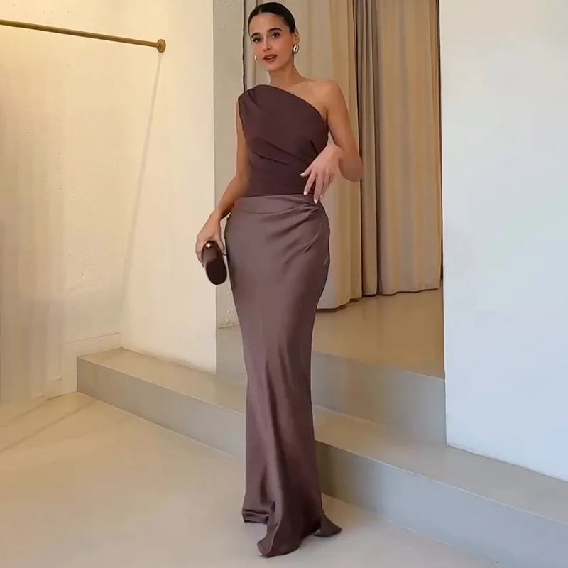 Elegant One-Shoulder Patchwork Satin Party Dress for Women Irregular Neck Slim Sleeveless Dresses Female Evening Gowns Clubwear
