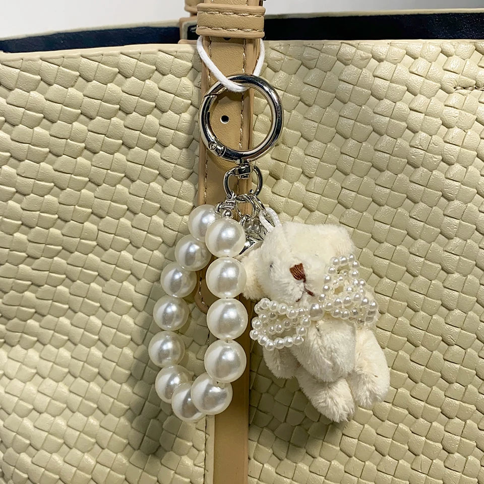 ZAKOL Korean Fashion Imitation Pearl Bear Doll Pendant Keychain Handbag Mobile Phone Accessories Gift for Women Girls