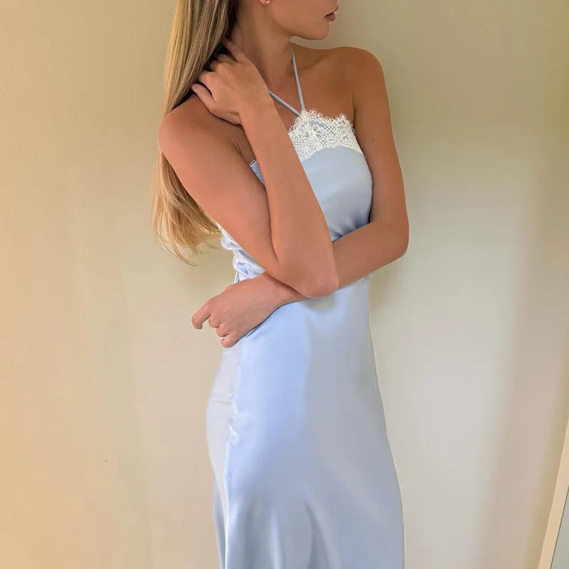 Summer Vacation Sexy Satin Halter Neck Slim Maxi Dress Casual Lace Up High Waist Lace Patchwork Dresses Female Chic Streetwear