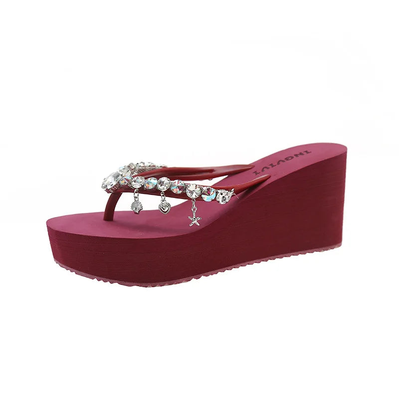 2025 Summer New High-heeled Flip Flops Women's Rhinestone Chain Pendant Thick Bottom Fashionable Clip on Sandals Beach Slippers
