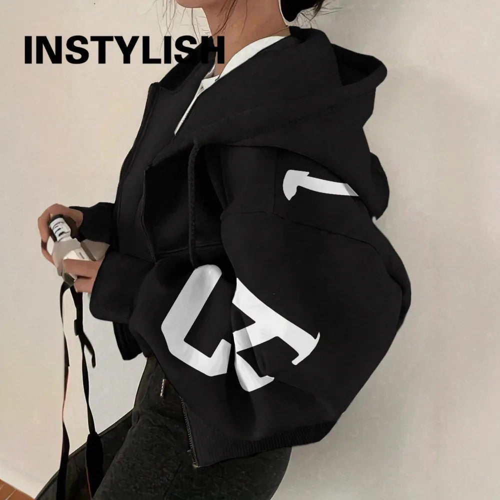 Women Y2K Crop Zip Up Hoodie Letter Print Oversized Long Sleeve Hooded Sweatshirt Casual Streetwear Short Jacket Outerwear