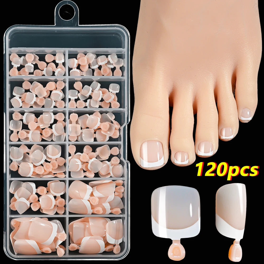 120Pcs Acrylic False Toes Nails French Short Square Pink/Nude/Brown Full Cover Fake Toenails Summer Artificial Press on Toenails
