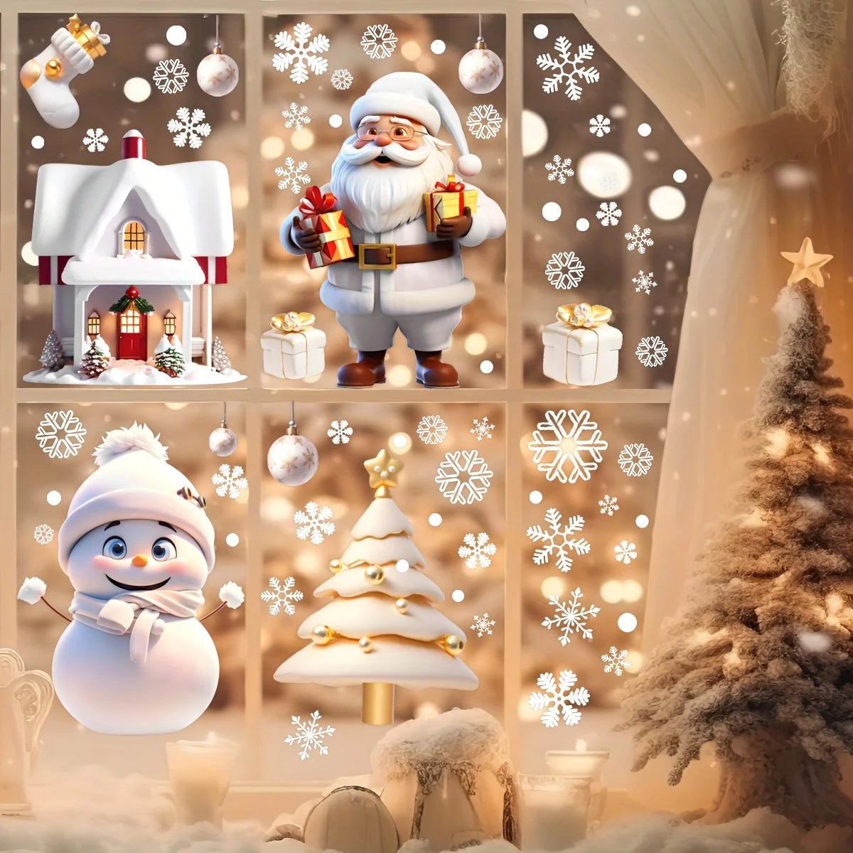 4/8 Sheets 3D Cartoon Christmas Window Clings, Santa Snowman Xmas Tree Gingerbread House & Snowflake Decals, Removable Glass