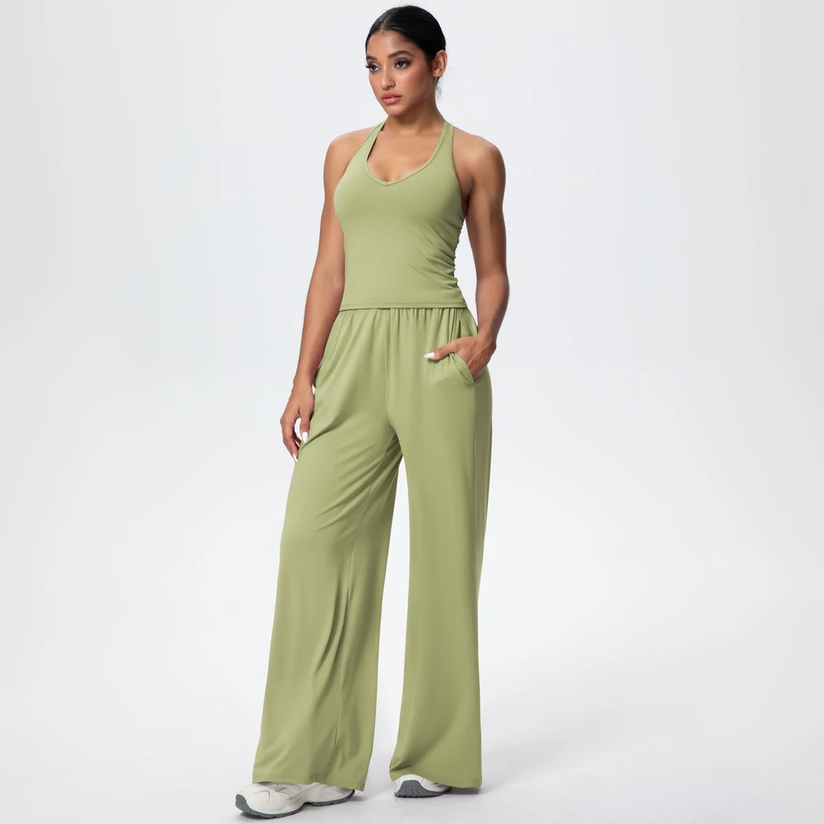 Breathable Loose Wide Leg Pants and Yoga Vest Set Solid Color High Stretch Pockets Pants Beautiful Back T-shaped Vest Yoga Suit