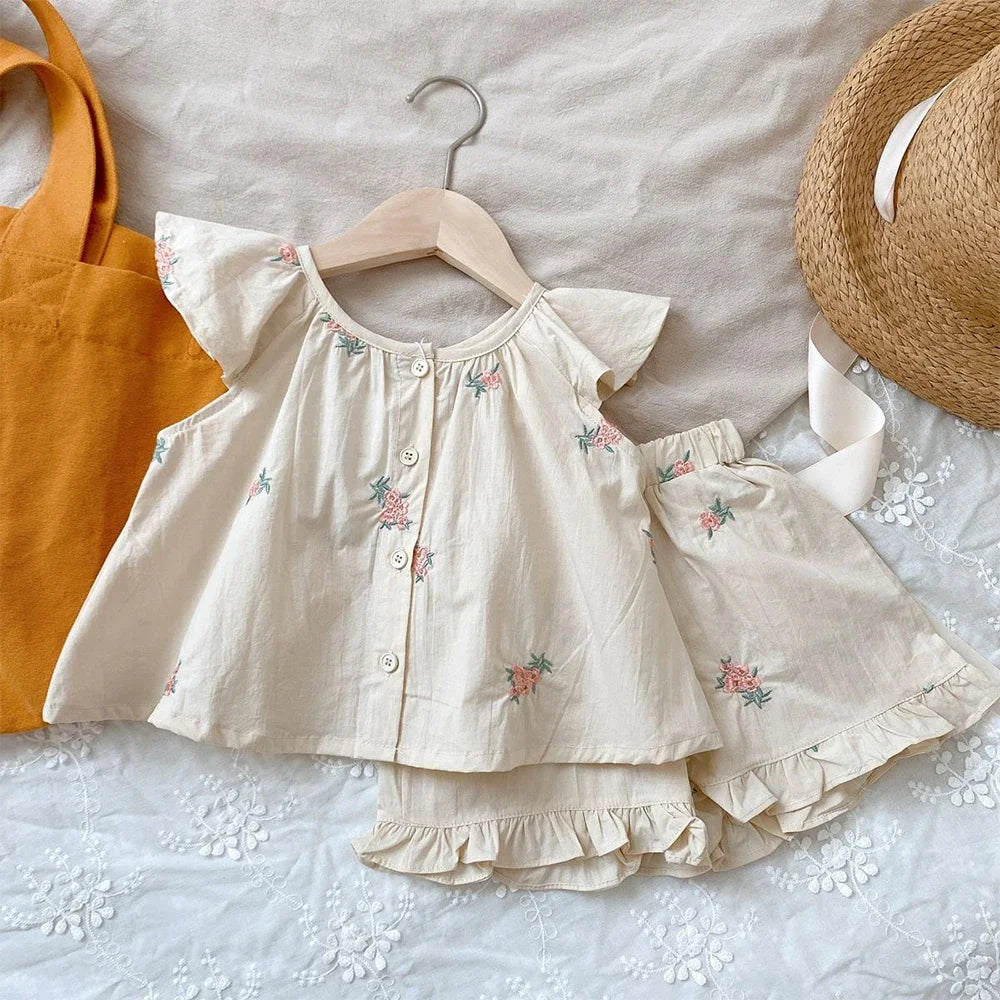 Girls' Summer Fashion Set Children's Flower Print Flying Sleeve Top+Shorts Two Piece Cute Little Girl Refreshing Set