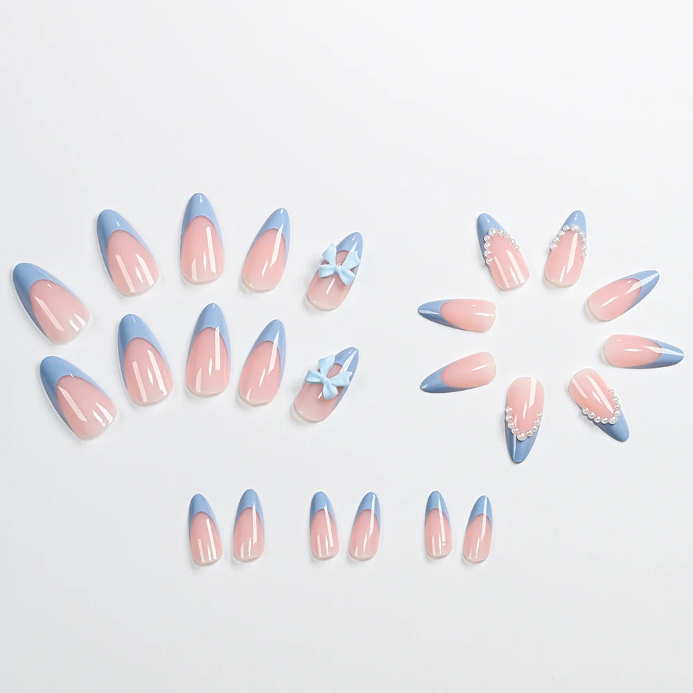 24Pcs Blue Almond Wearable Press on Nails 3D Pearl Bow Full Cover Fake Nails Tips with Bowknot Design French False Nails