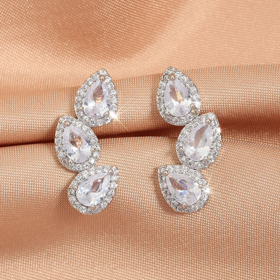 ZAKOL Luxury Shiny Zircon Leaf Stud Earrings For Women Exquisite Crystal Water Drop Ear Cuff Wrap Earring Wedding Jewelry